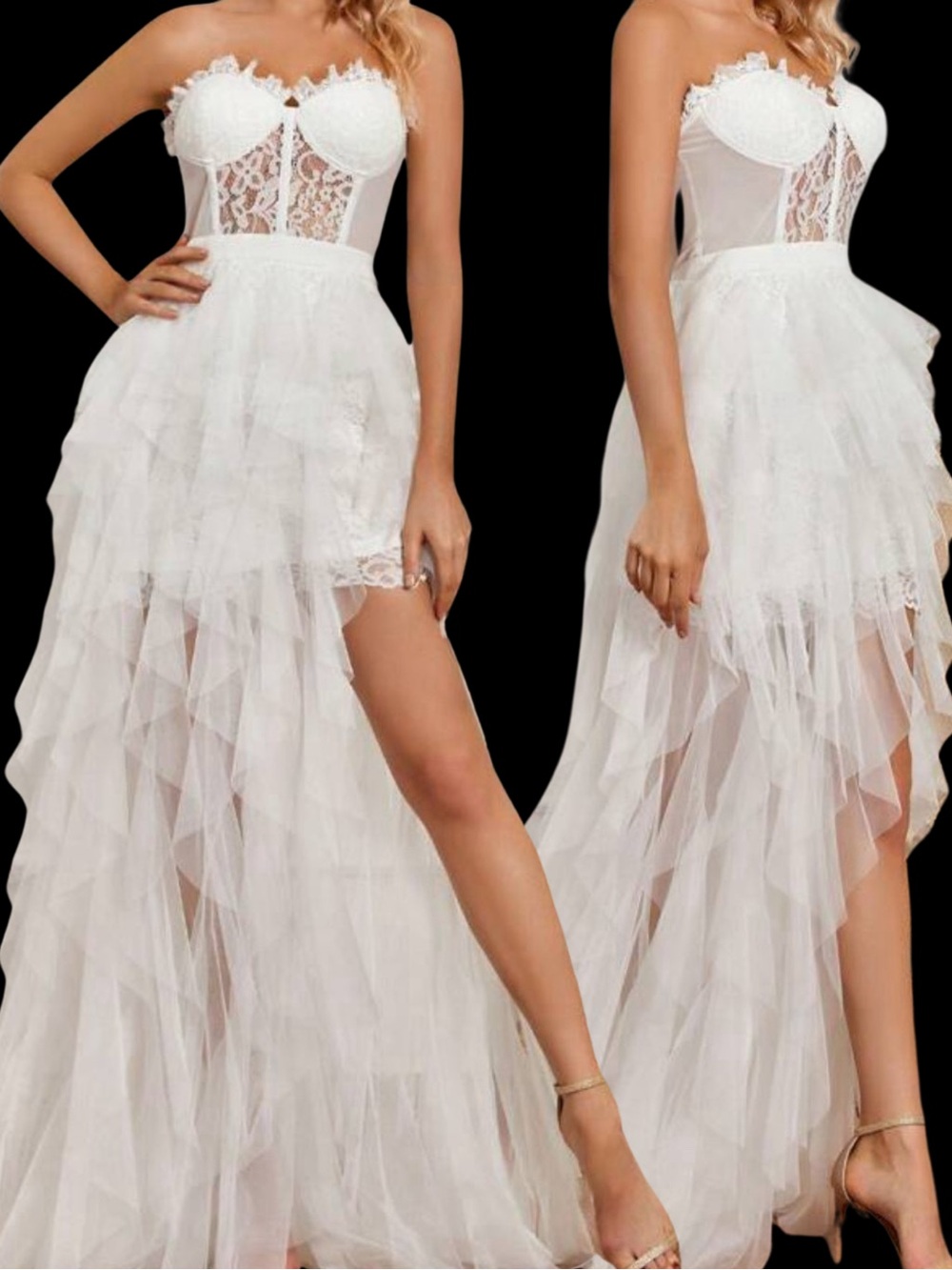 Strapless White Lace Bustier Tulle Dress